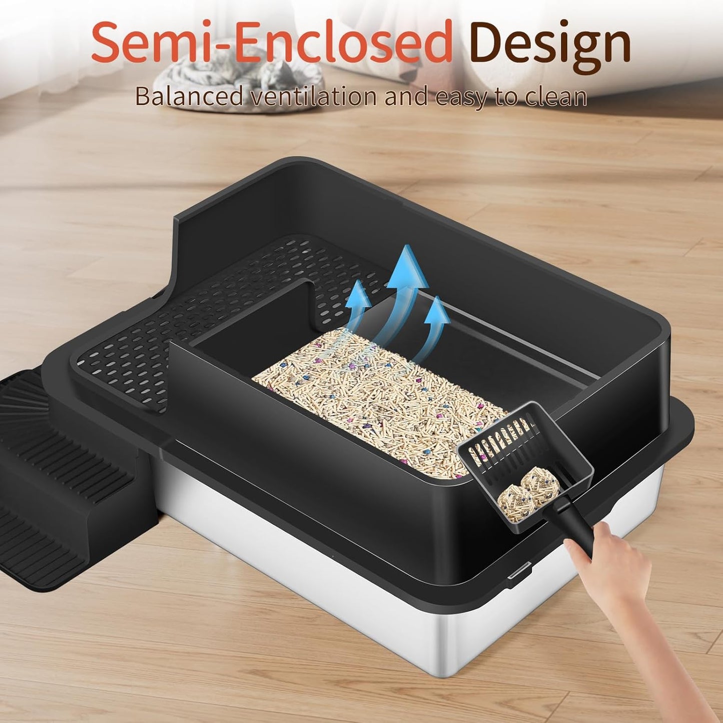 XXXL Black Semi Enclosed Stainless Steel Litter Box with Step