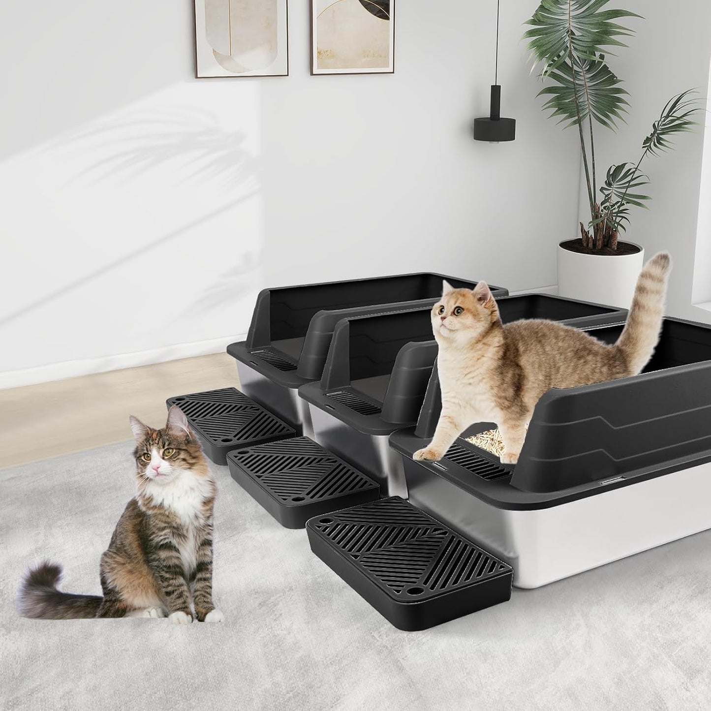 XL 3 Pack Black Stainless Steel Litter Box with Filter Pedal