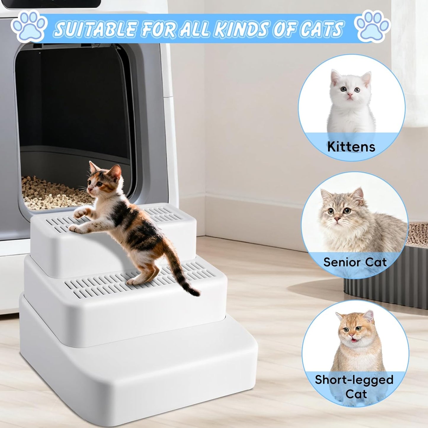 White Adjustable 3 Steps Litter Box Ramp Step