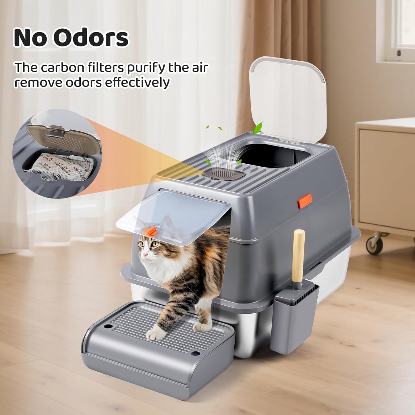 XXL Dark Gray Stainless Steel Litter Box with Lid with Top Entry