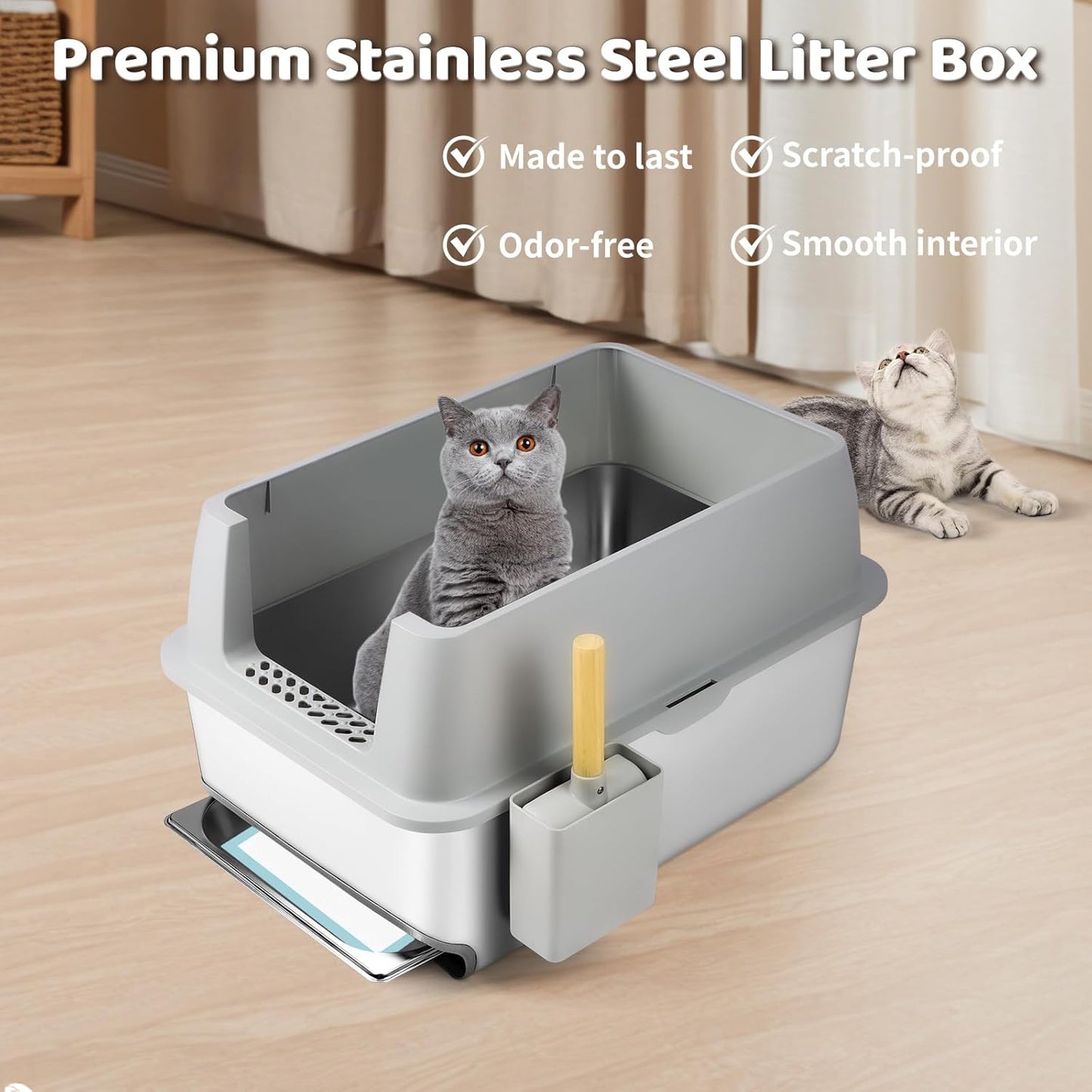 L Silver Grey Stainless Steel Drawer Type Semi-Enclosed Cat Litter Box