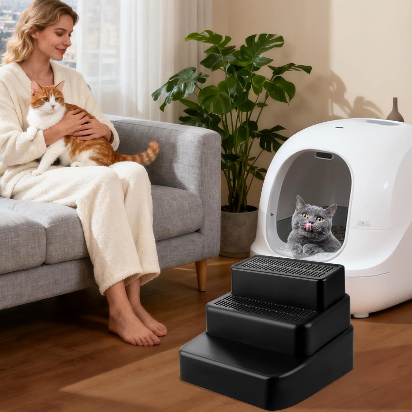Black Adjustable 3 Steps Litter Box Ramp Step