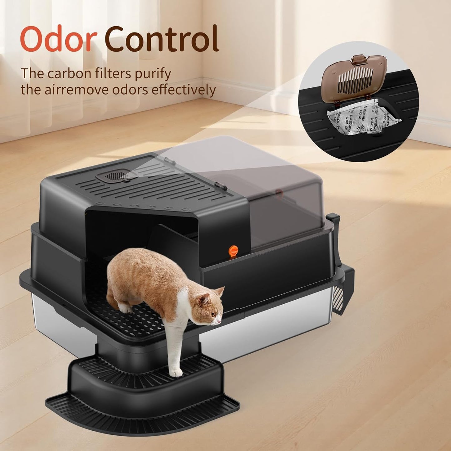 XXXL Black Fully Enclosed Stainless Steel Litter Box with Step
