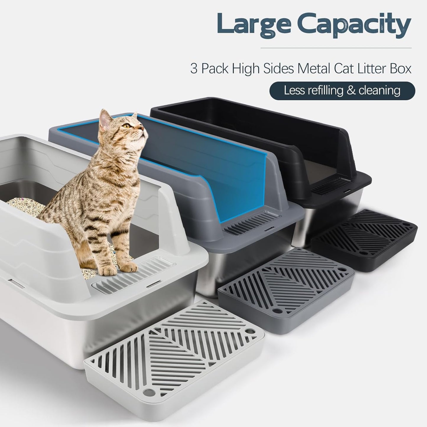 XL 3 Pack Black/Dark&Light Gray Stainless Steel Litter Box with Filter Pedal