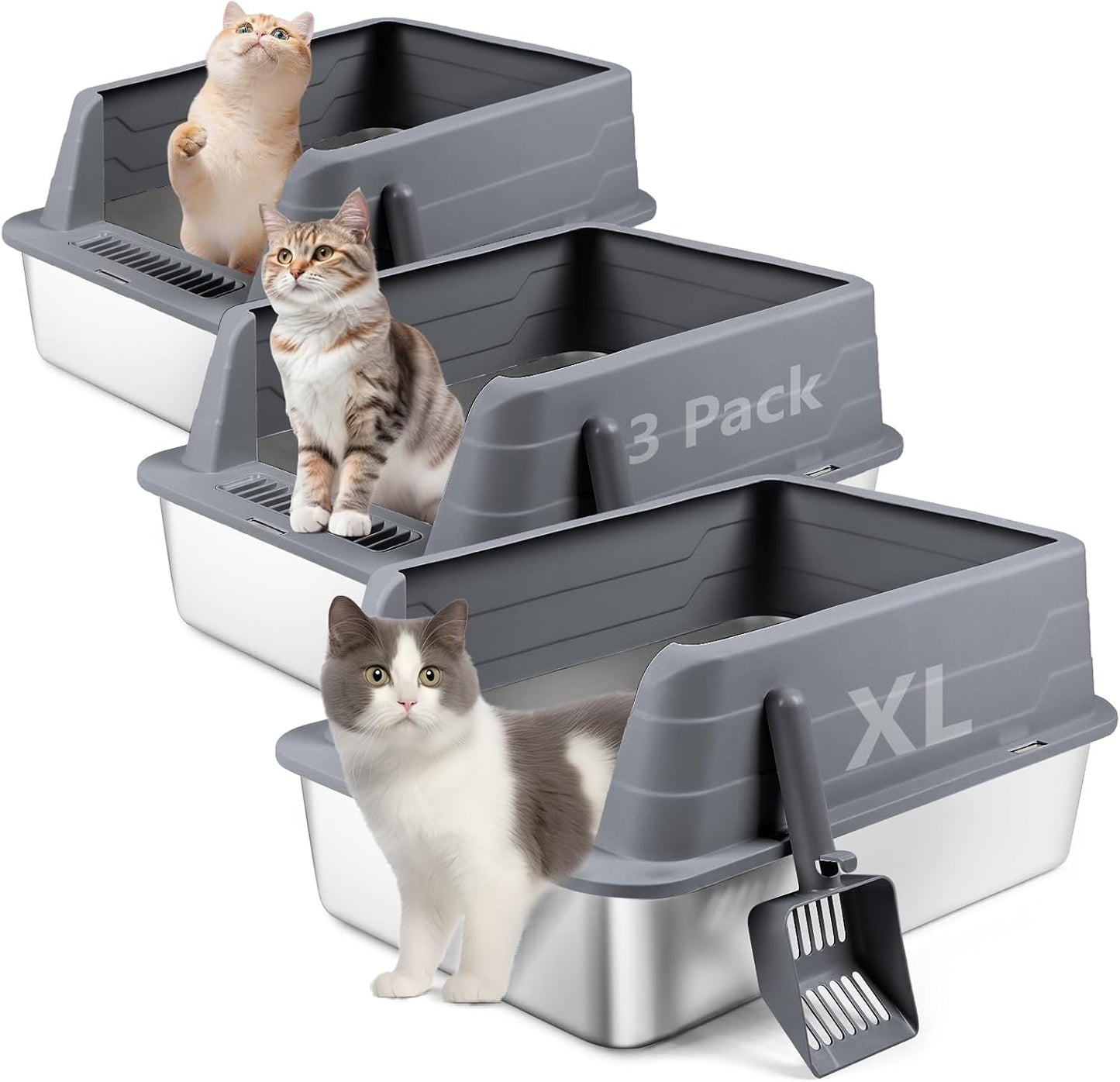 XL 3 Pack Dark Gray Stainless Steel Litter Box