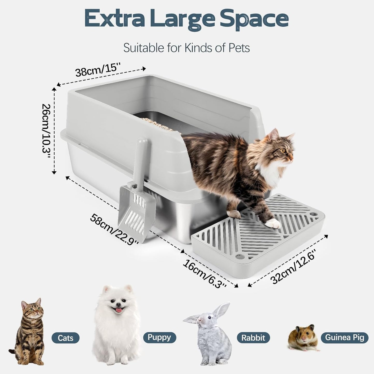 XL 3 Pack Light Gray Stainless Steel Litter Box with Filter Pedal