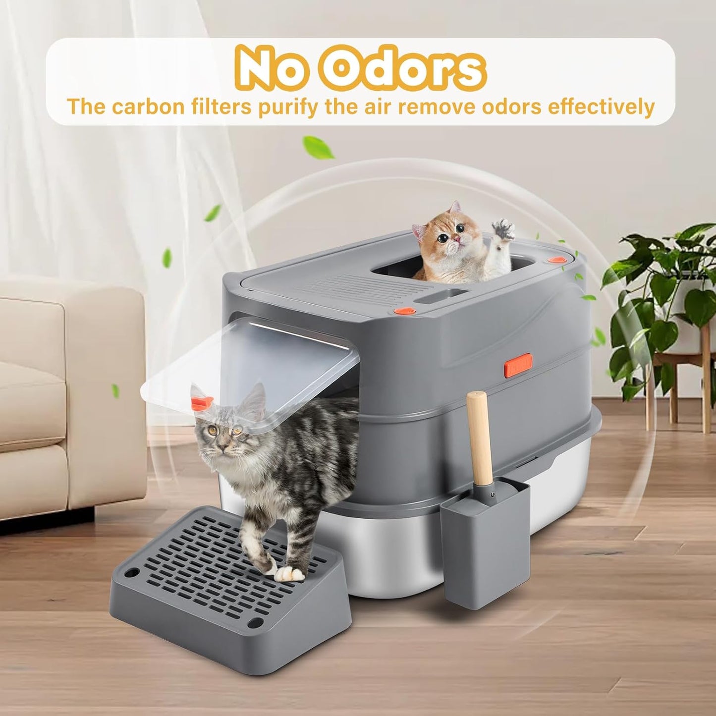 XXL Stainless Steel Litter Box with 180° Flip-Top Lid