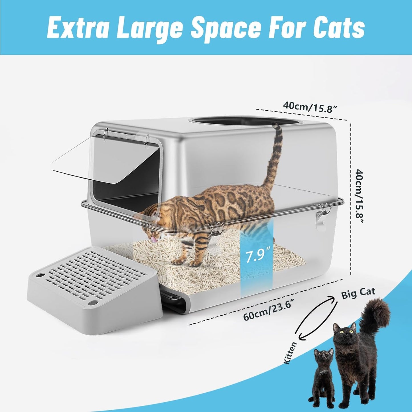 XXL Stainless Steel Litter Box with Pull-Out Drawer