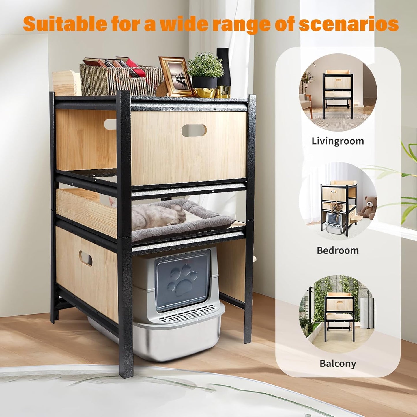 Wooden Double Layers Cat Litter Box Shelves with Metal Frame