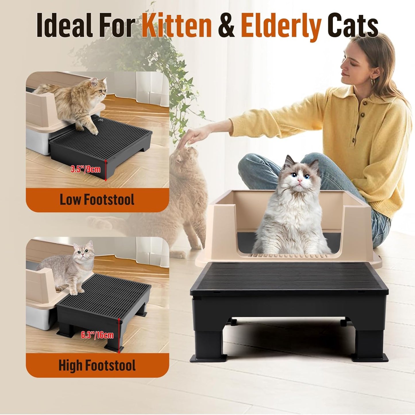 Black Adjustable Cat Litter Box Step Ramp with Removable feet