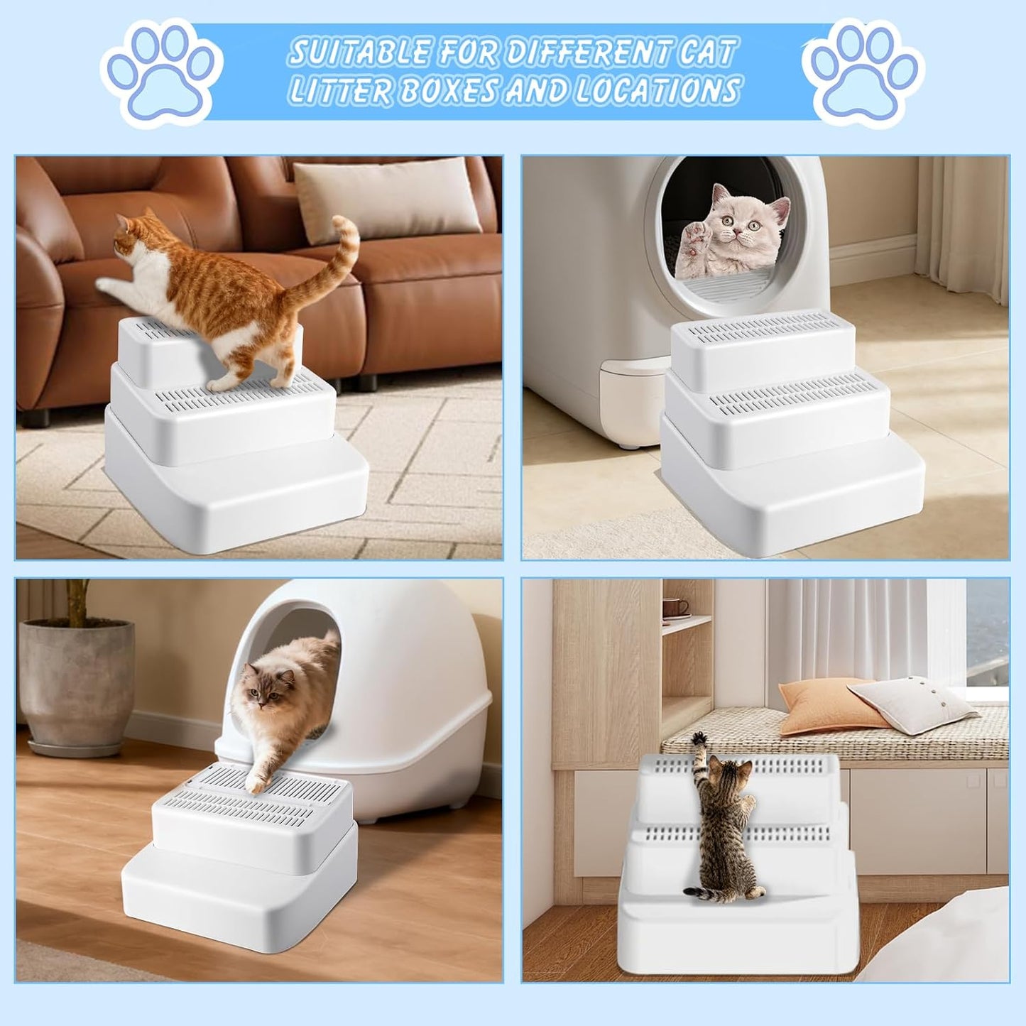 White Adjustable 3 Steps Litter Box Ramp Step