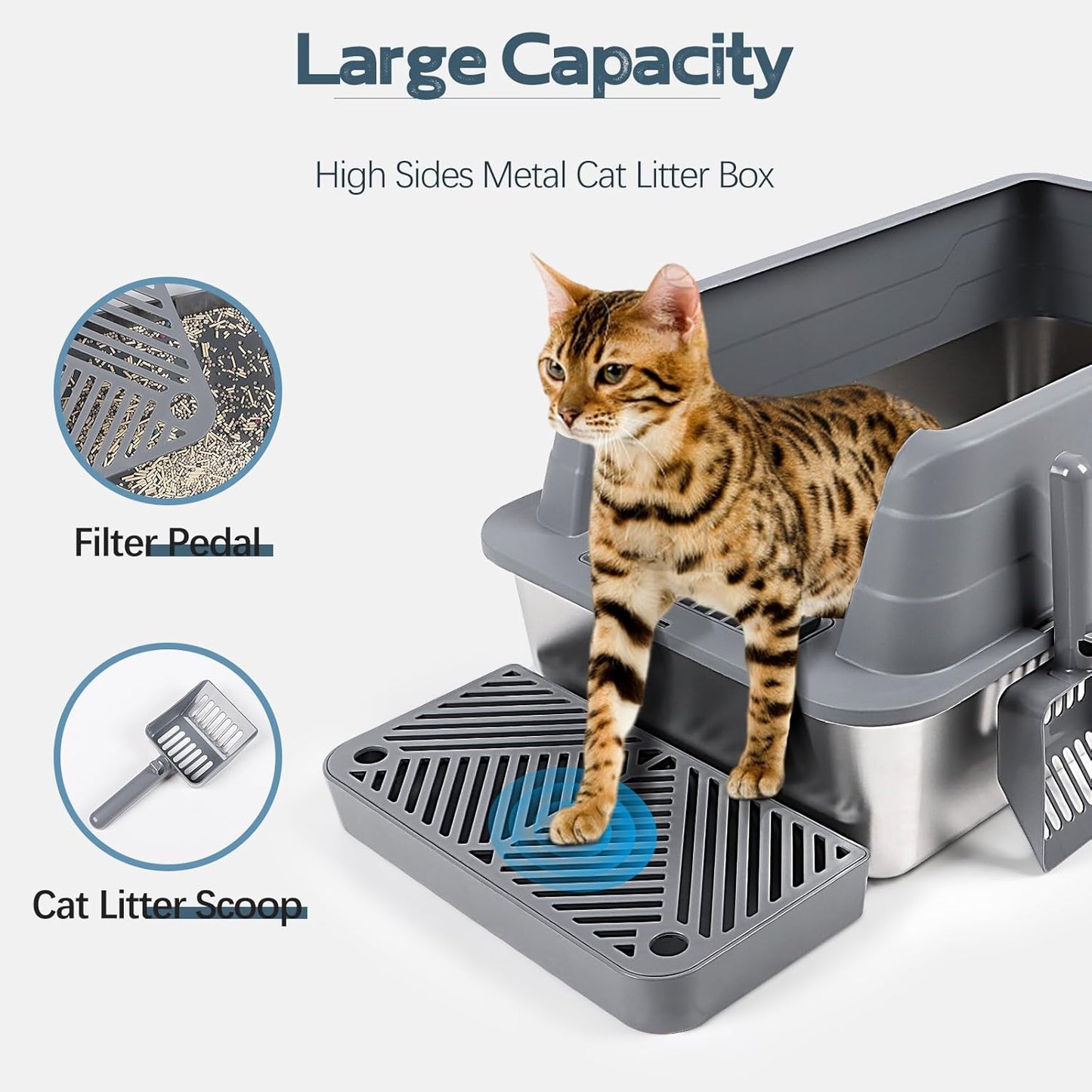 XL Dark Gray Stainless Steel Litter Box with Filter Pedal