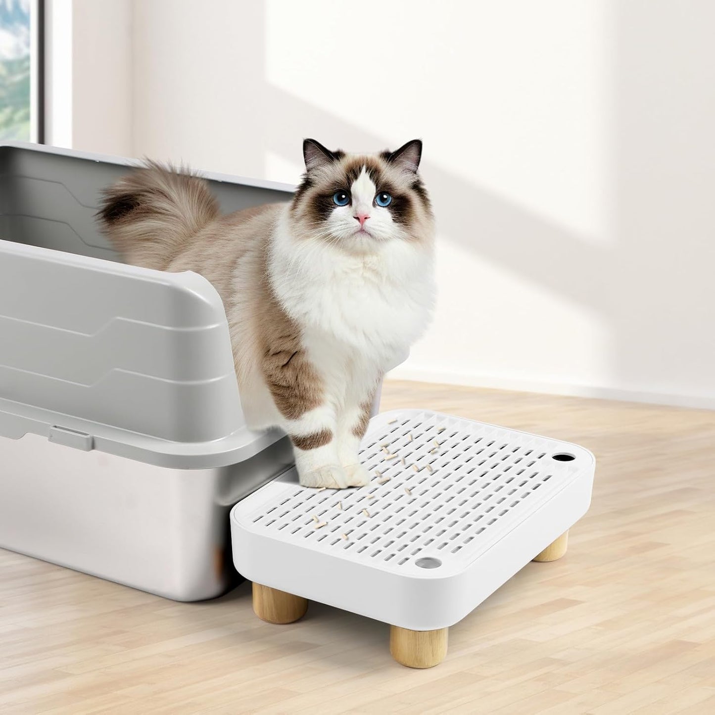 White Litter Box Step with Wooden Base