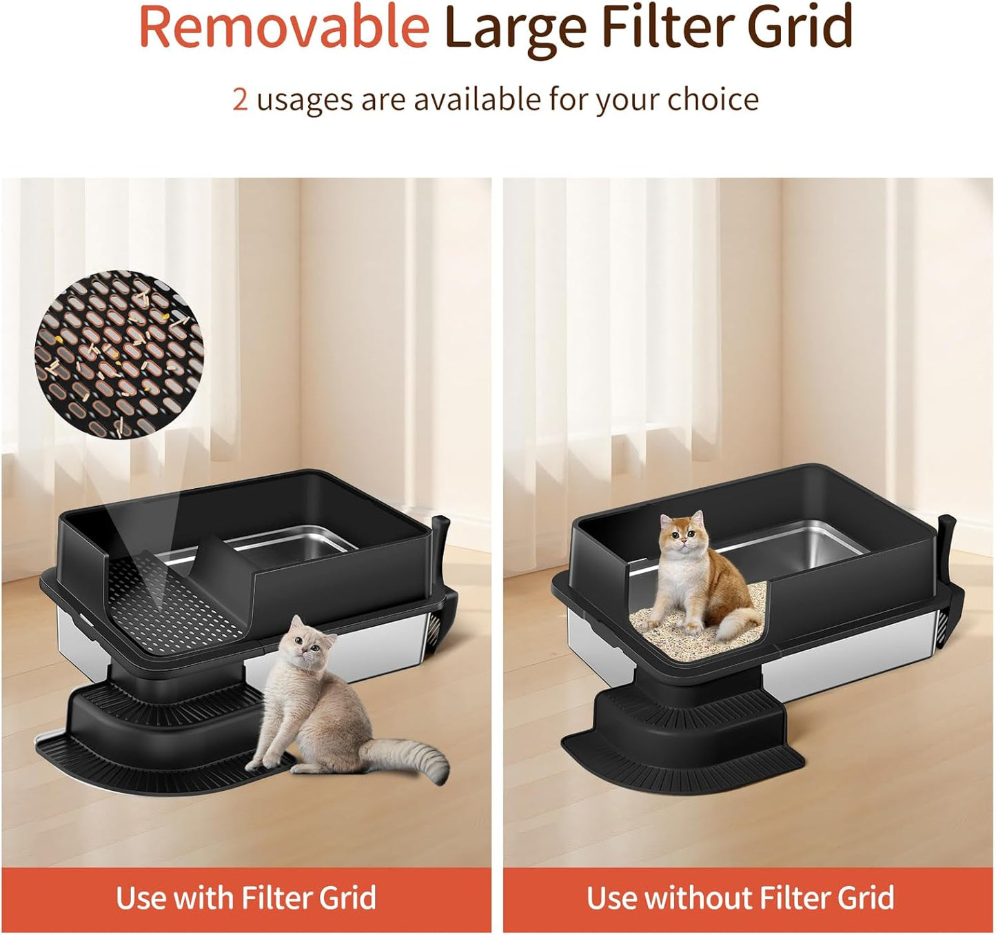 XXXL Black Semi Enclosed Stainless Steel Litter Box with Step