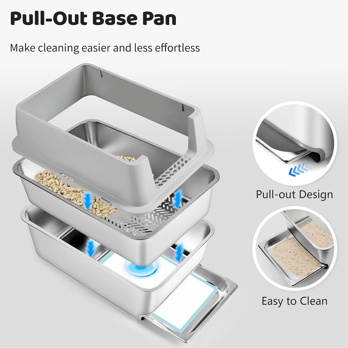 L Silver Grey Stainless Steel Drawer Type Semi-Enclosed Cat Litter Box