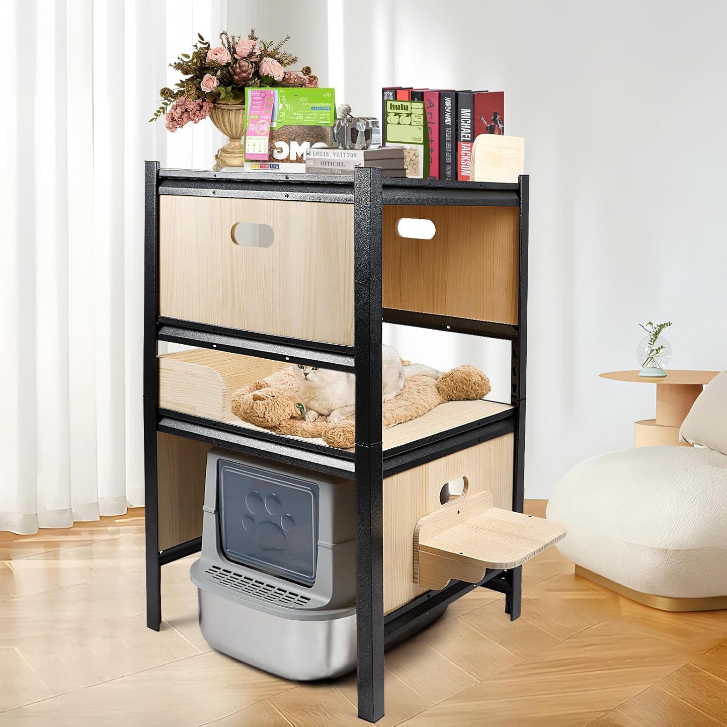 Wooden Double Layers Cat Litter Box Shelves with Metal Frame