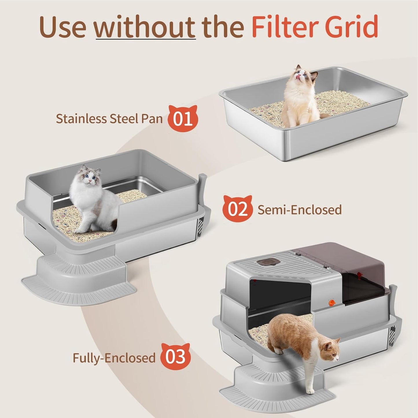 XXXL Light Gray Fully Enclosed Stainless Steel Litter Box with Step