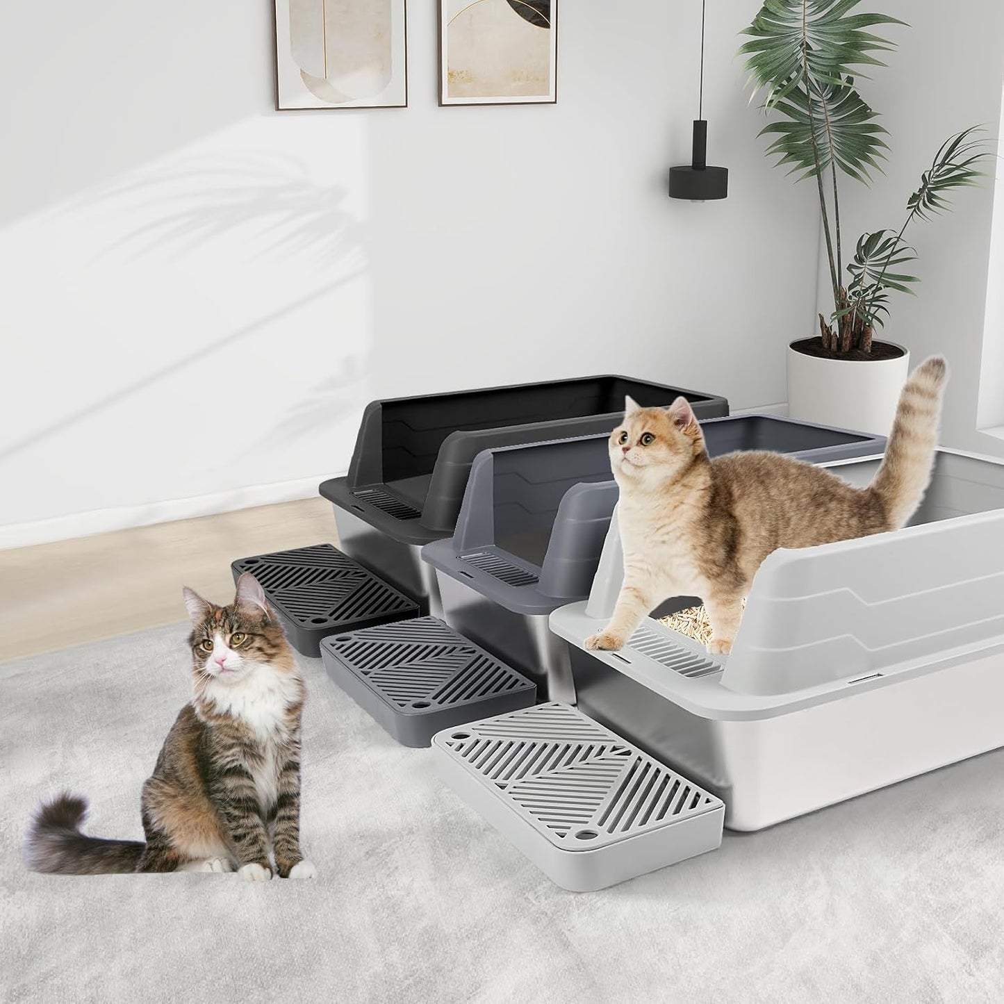 XL 3 Pack Black/Dark&Light Gray Stainless Steel Litter Box with Filter Pedal