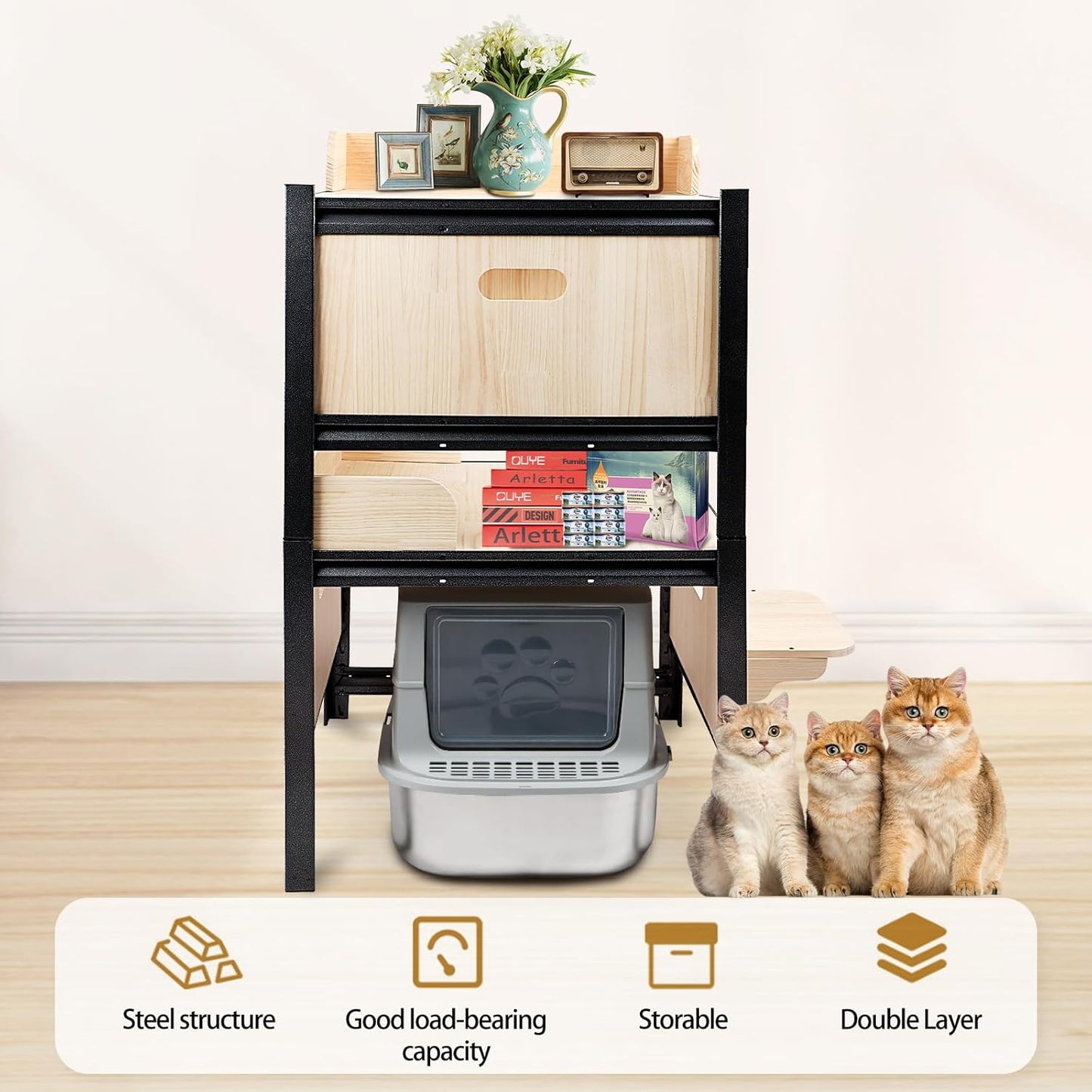 Wooden Double Layers Cat Litter Box Shelves with Metal Frame
