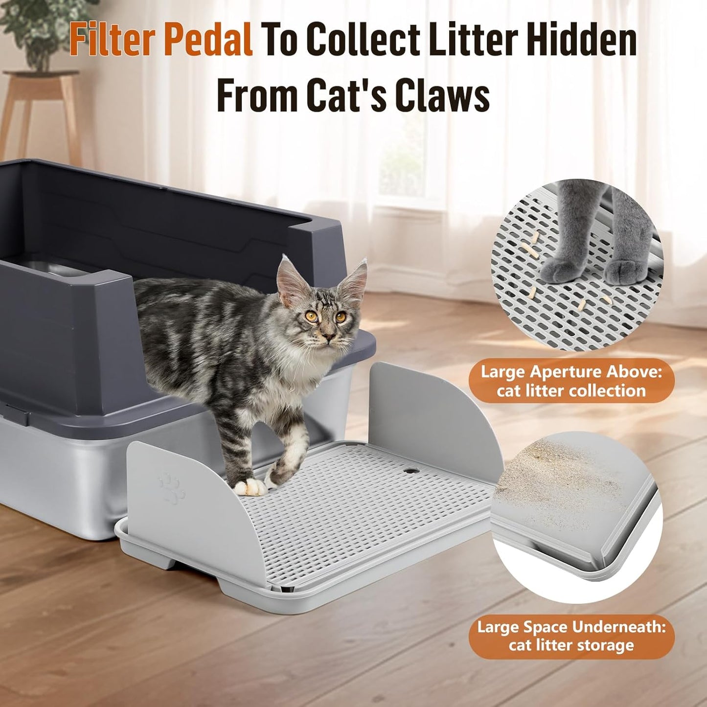Light Gray Cat Litter Box Step with Removable Splash-Proof Baffles