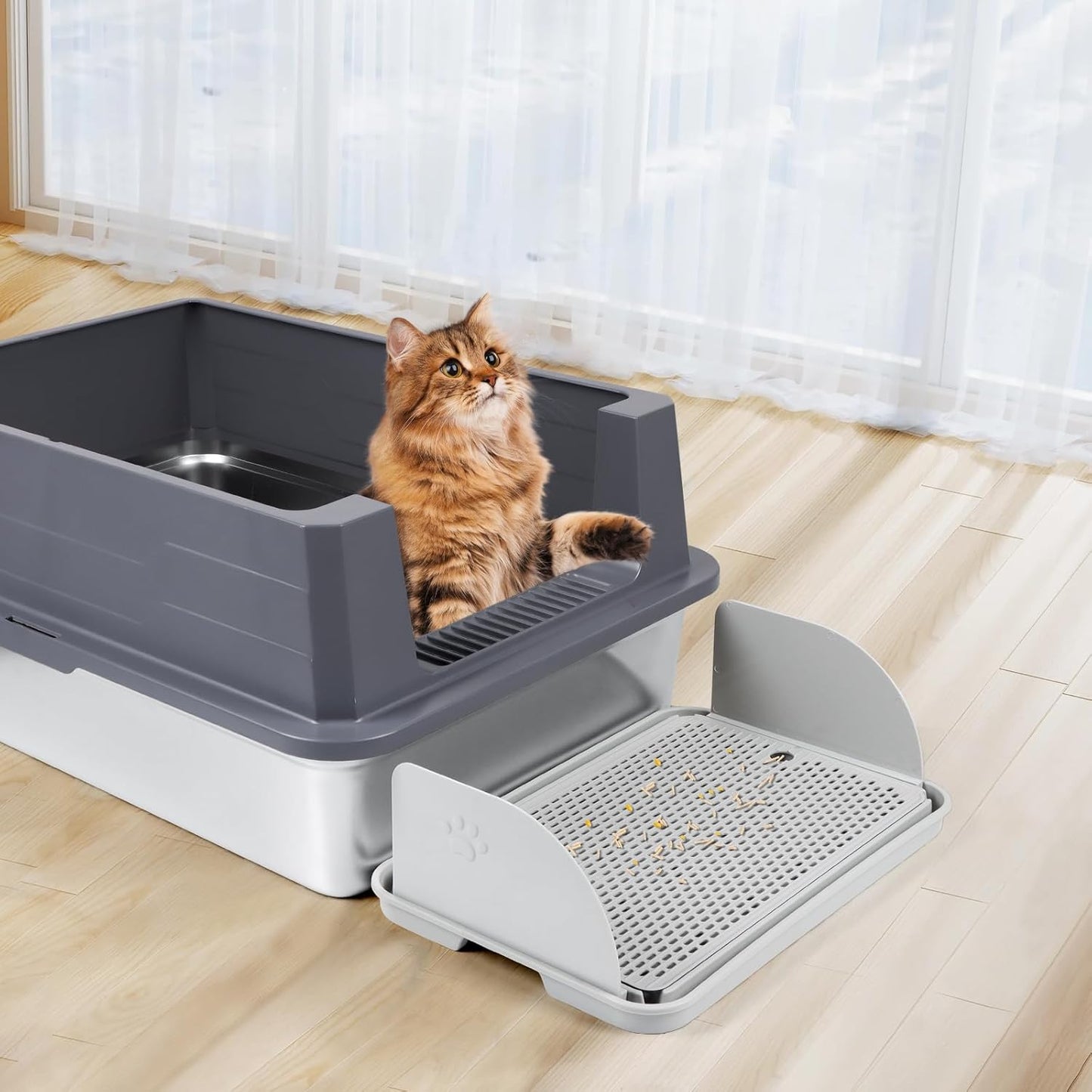 Light Gray Cat Litter Box Step with Removable Splash-Proof Baffles