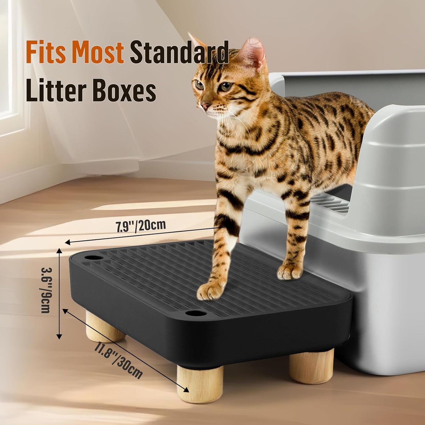Black Litter Box Step with Wooden Base