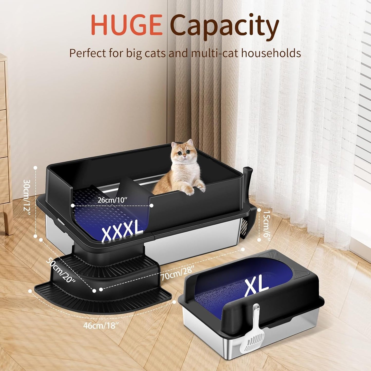 XXXL Black Semi Enclosed Stainless Steel Litter Box with Step