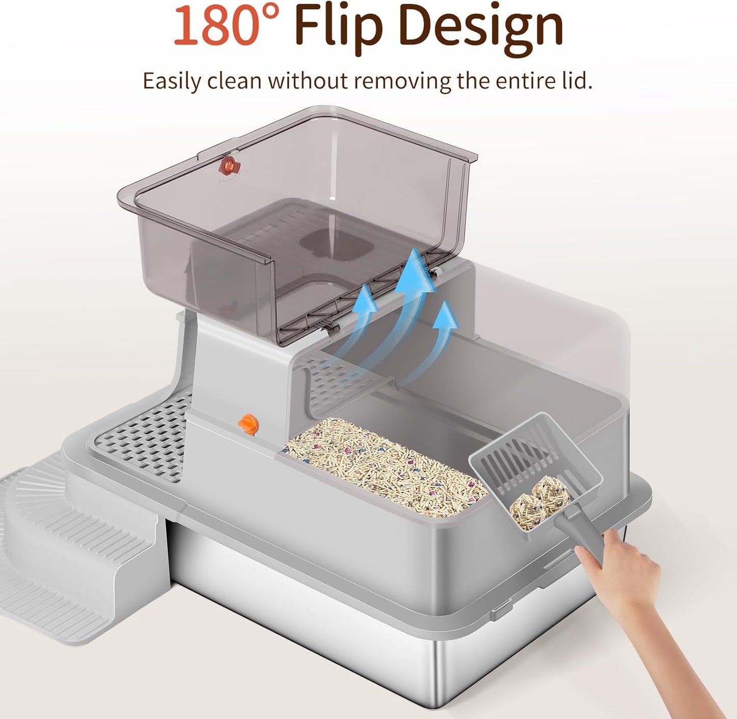 XXXL Light Gray Fully Enclosed Stainless Steel Litter Box with Step