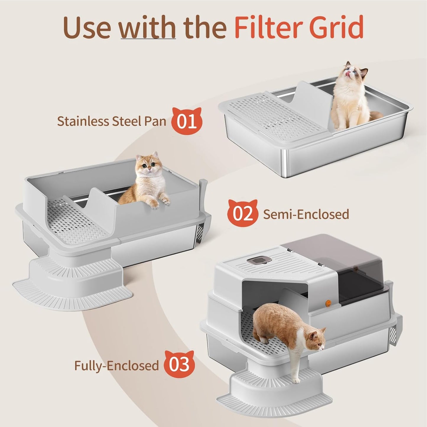 XXXL Light Gray Fully Enclosed Stainless Steel Litter Box with Step