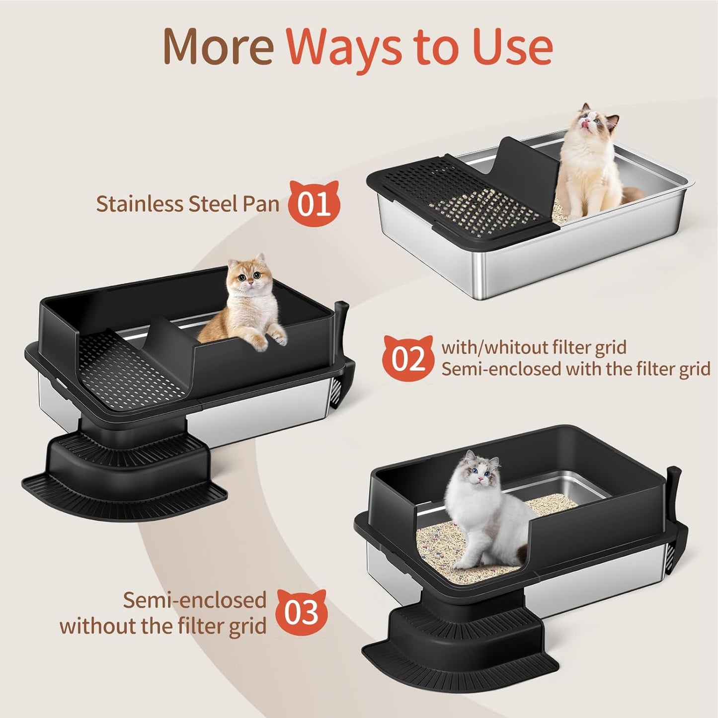 XXXL Black Semi Enclosed Stainless Steel Litter Box with Step