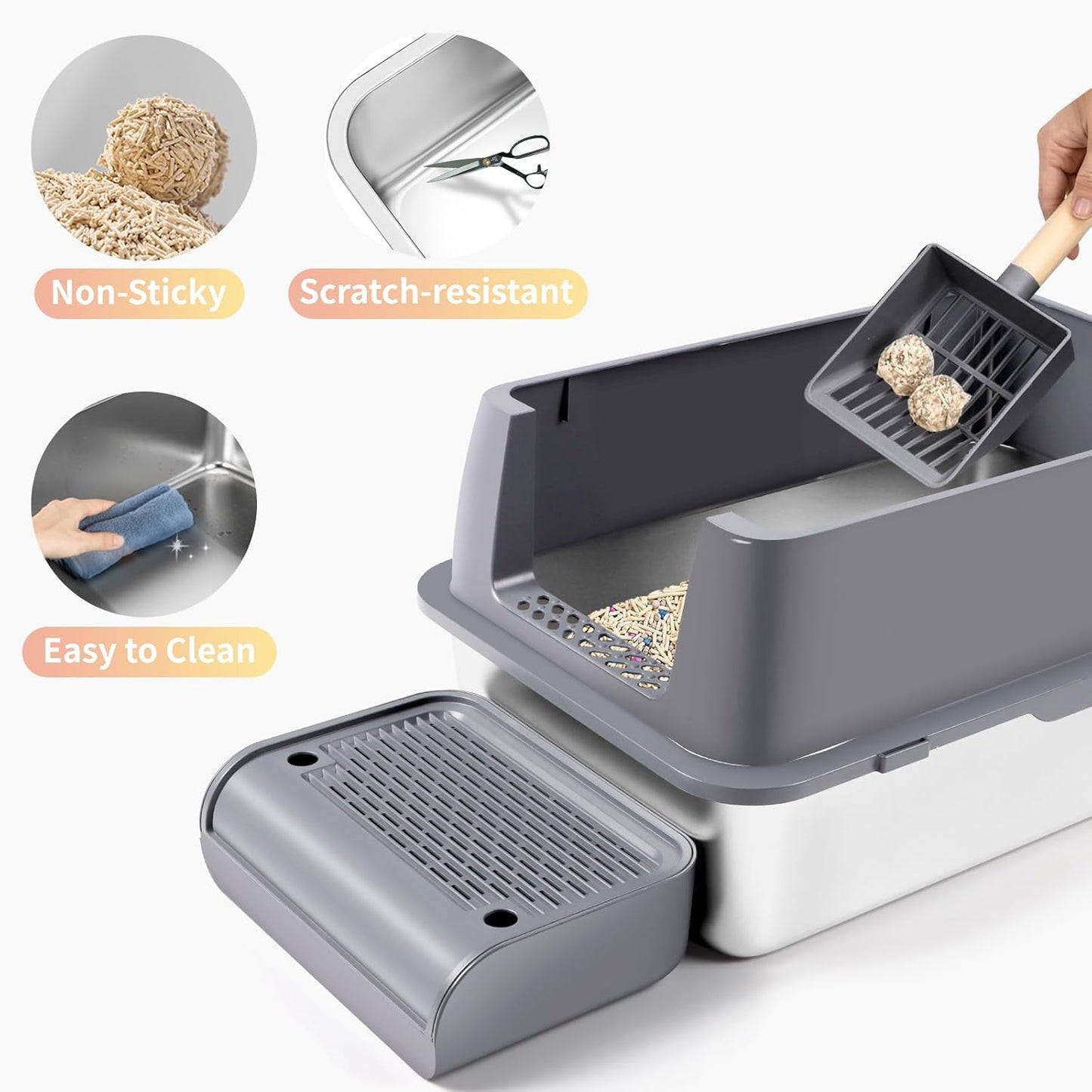 XXL Dark Gray Stainless Steel Litter Box with Lid with Top Entry