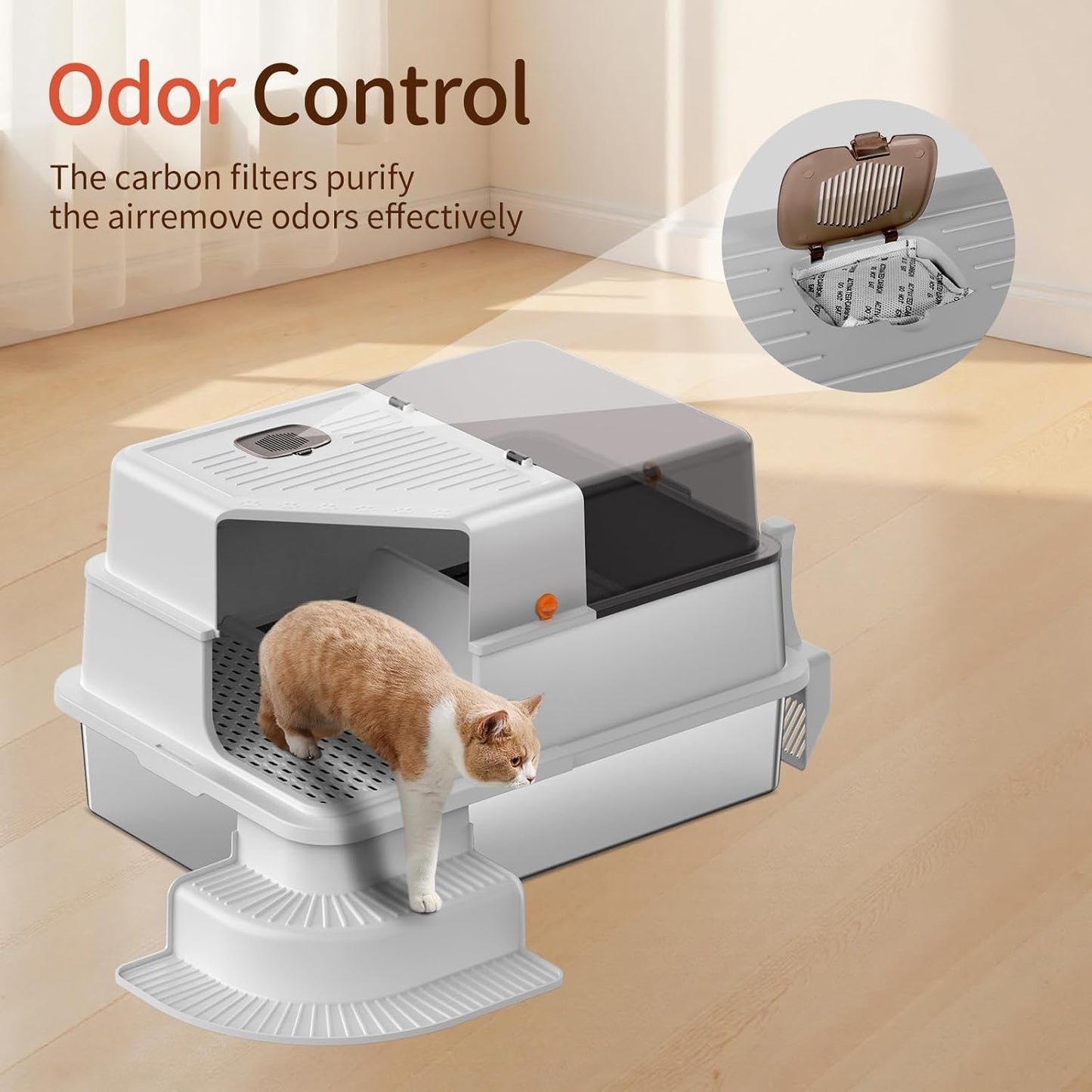 XXXL Light Gray Fully Enclosed Stainless Steel Litter Box with Step