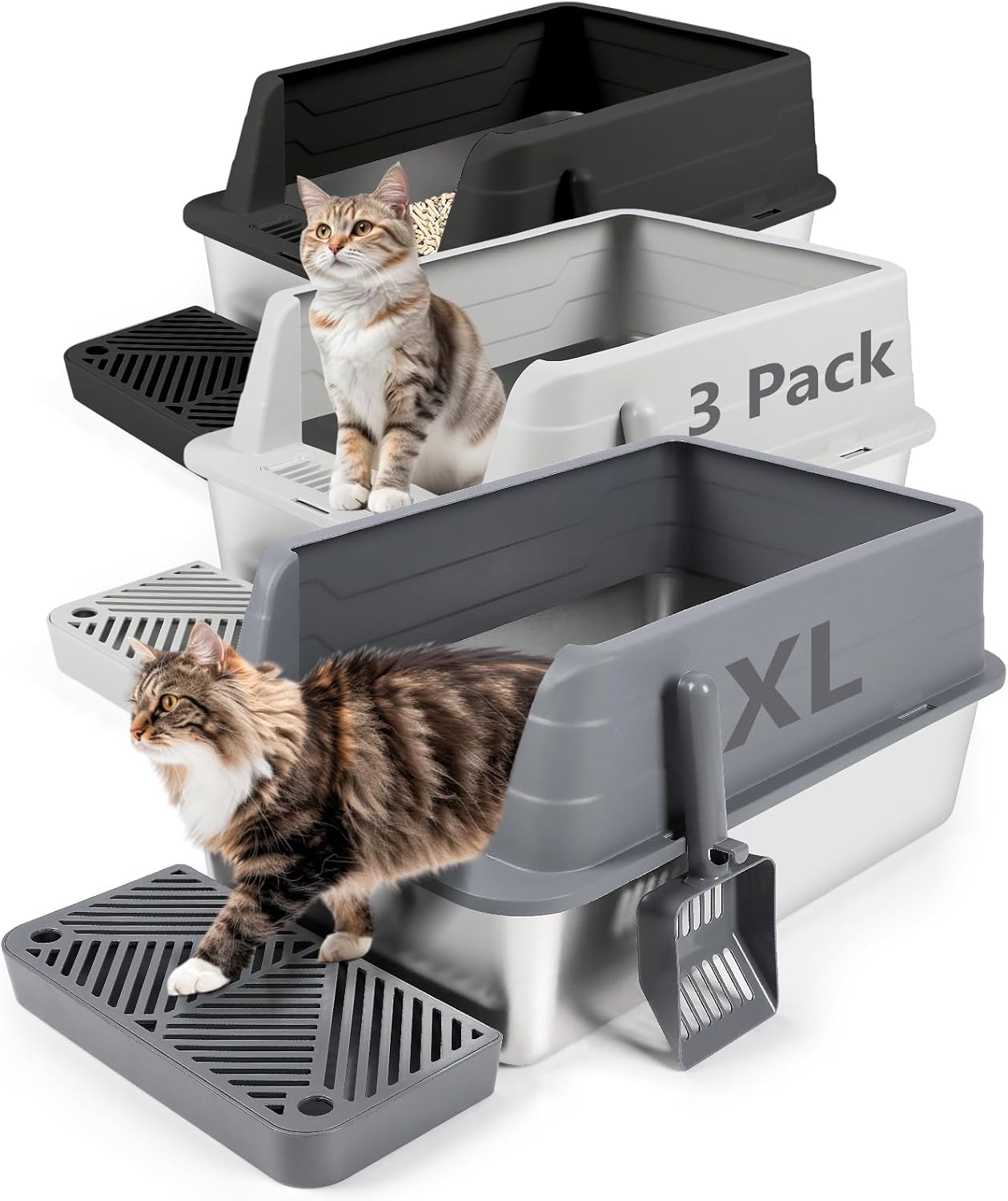 XL 3 Pack Black/Dark&Light Gray Stainless Steel Litter Box with Filter Pedal