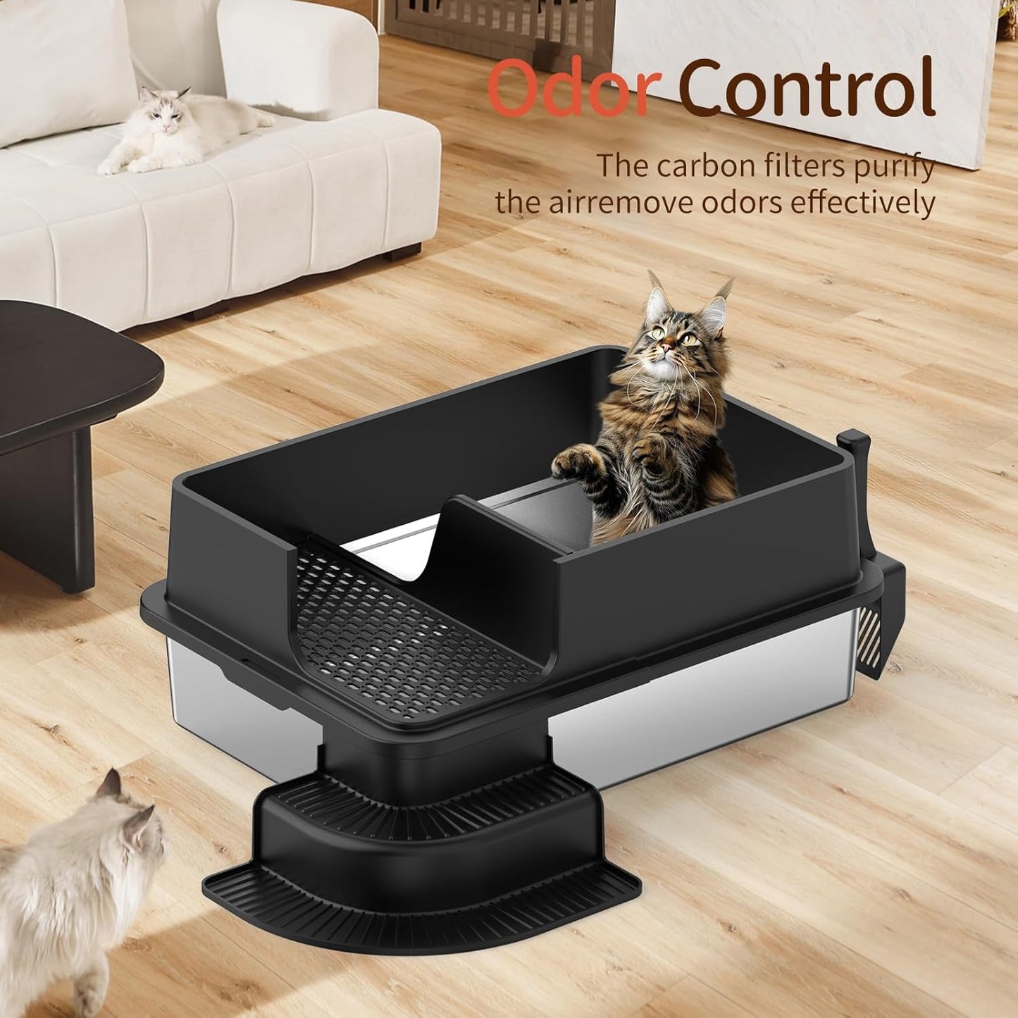 XXXL Black Semi Enclosed Stainless Steel Litter Box with Step