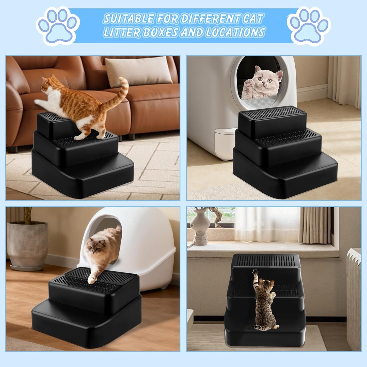 Black Adjustable 3 Steps Litter Box Ramp Step