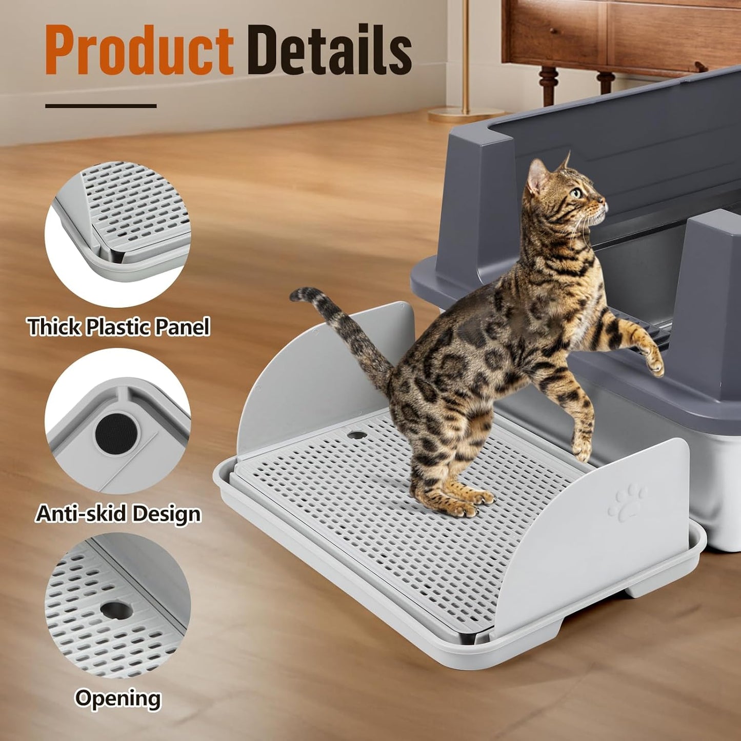 Light Gray Cat Litter Box Step with Removable Splash-Proof Baffles