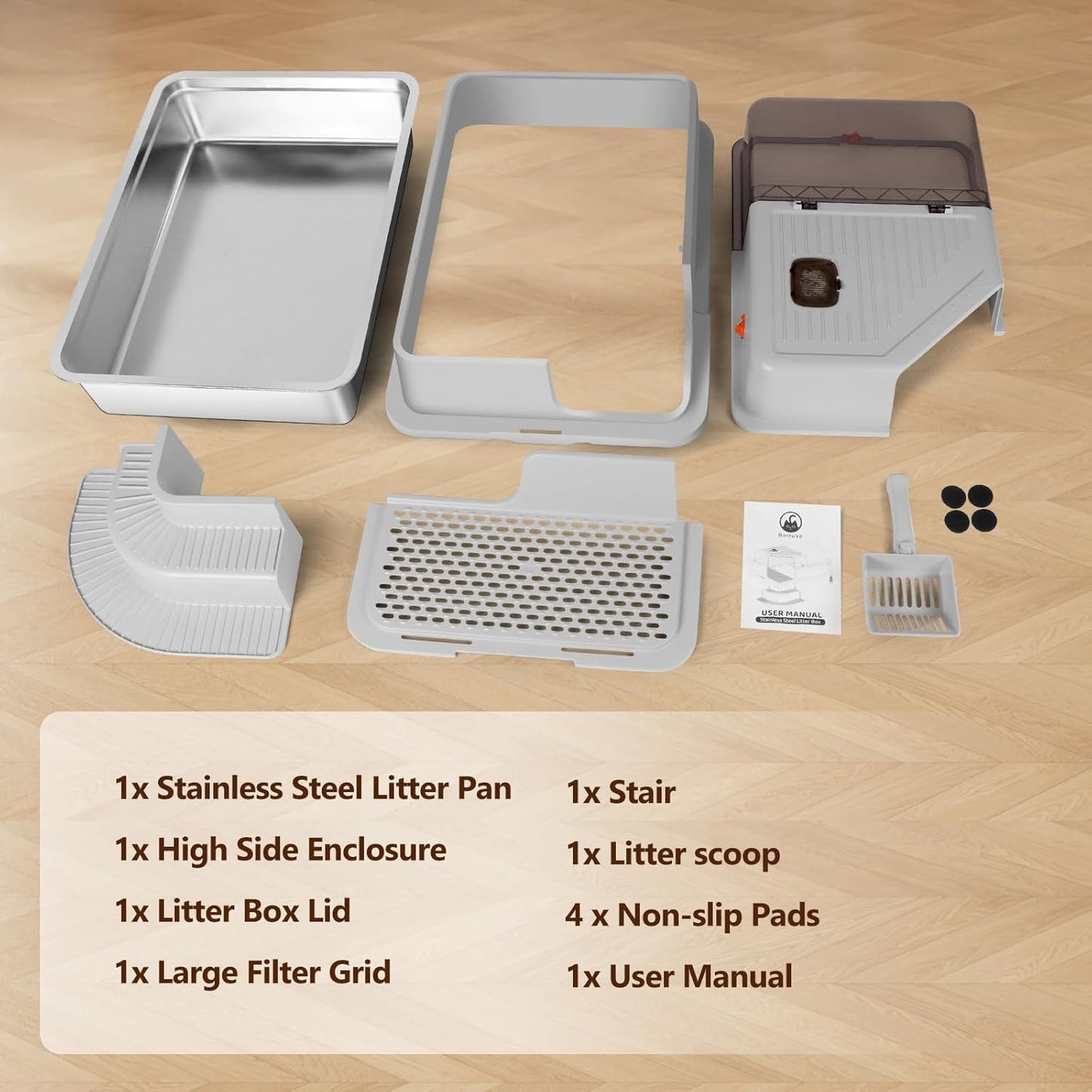 XXXL Light Gray Fully Enclosed Stainless Steel Litter Box with Step