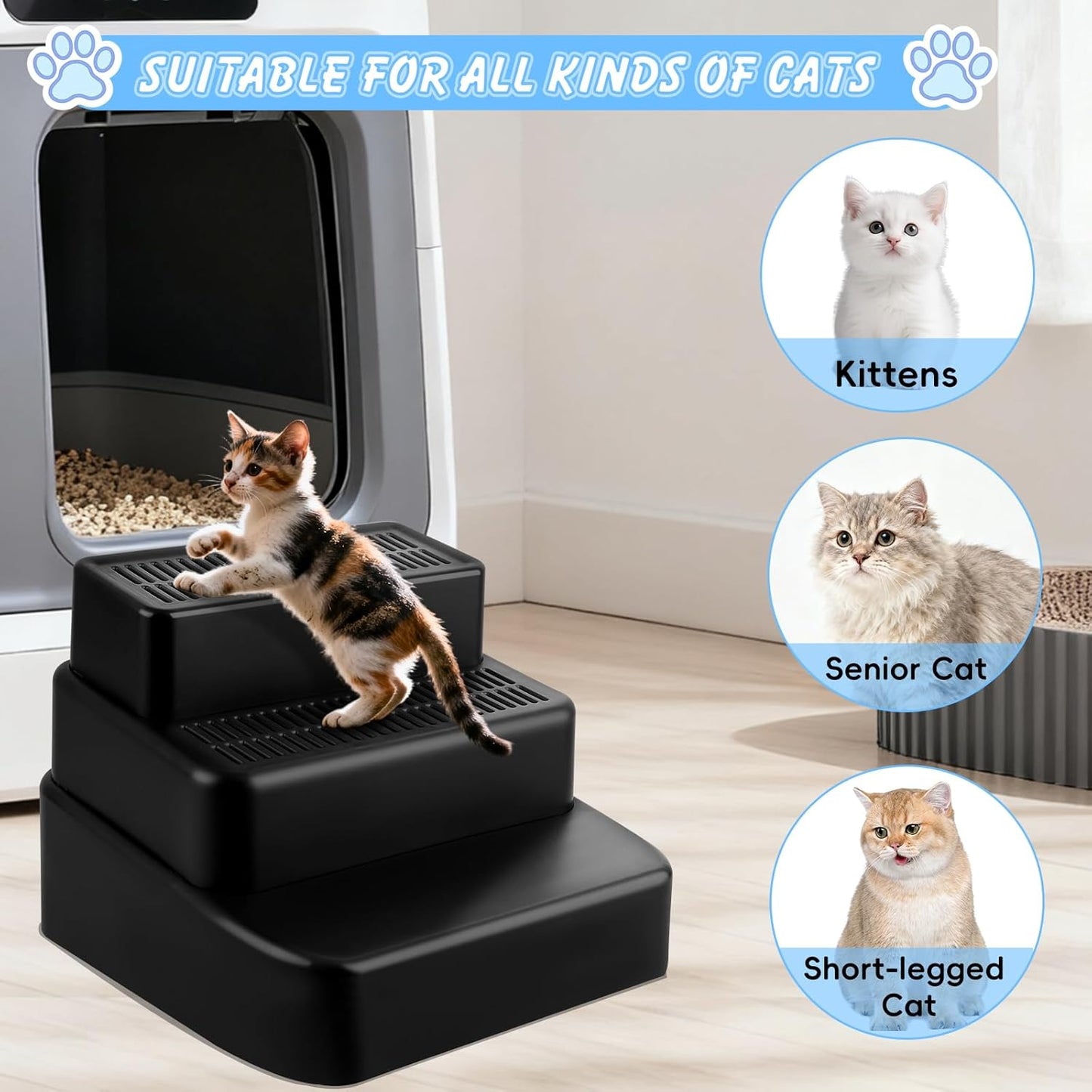 Black Adjustable 3 Steps Litter Box Ramp Step