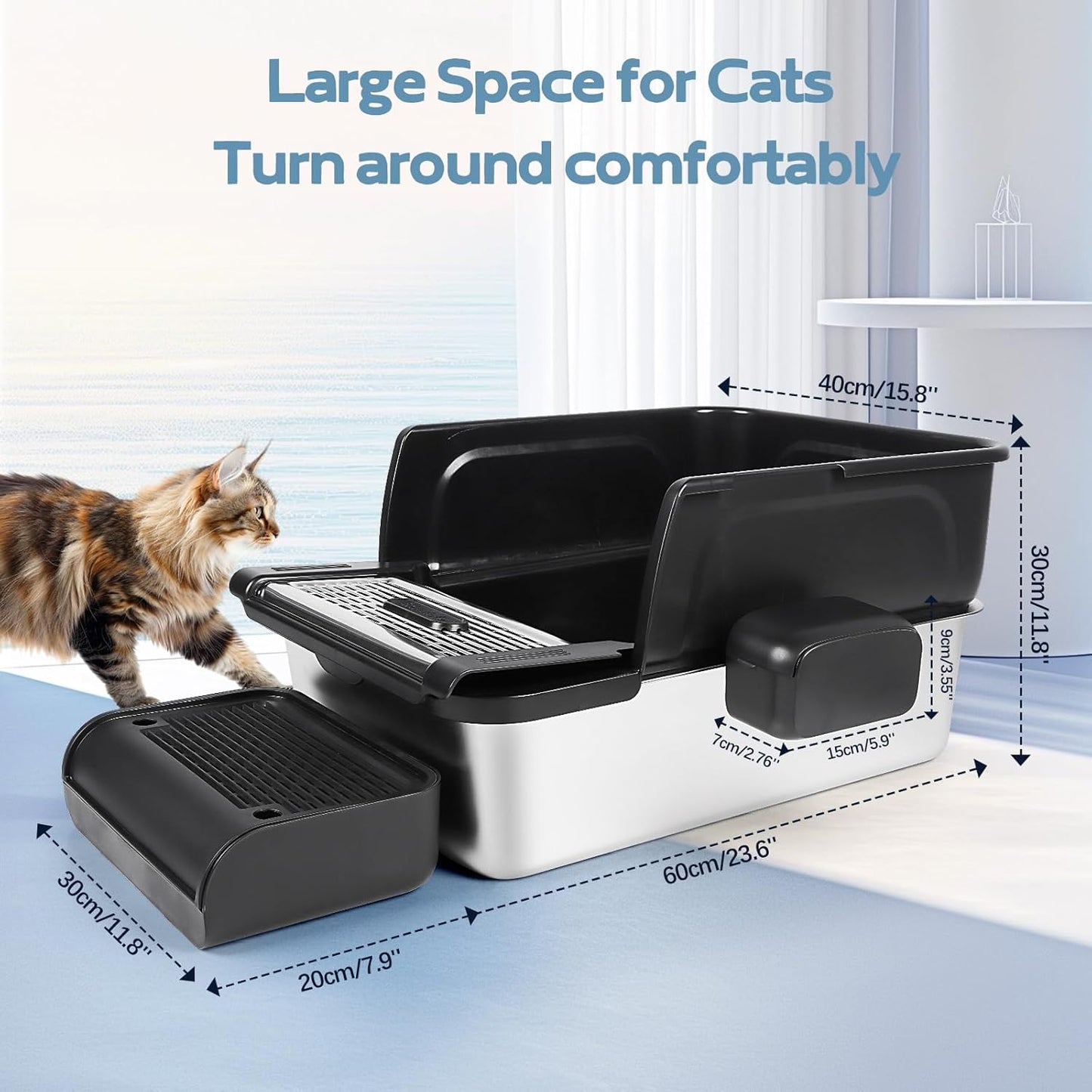 XXL Black Stainless Steel Litter Box