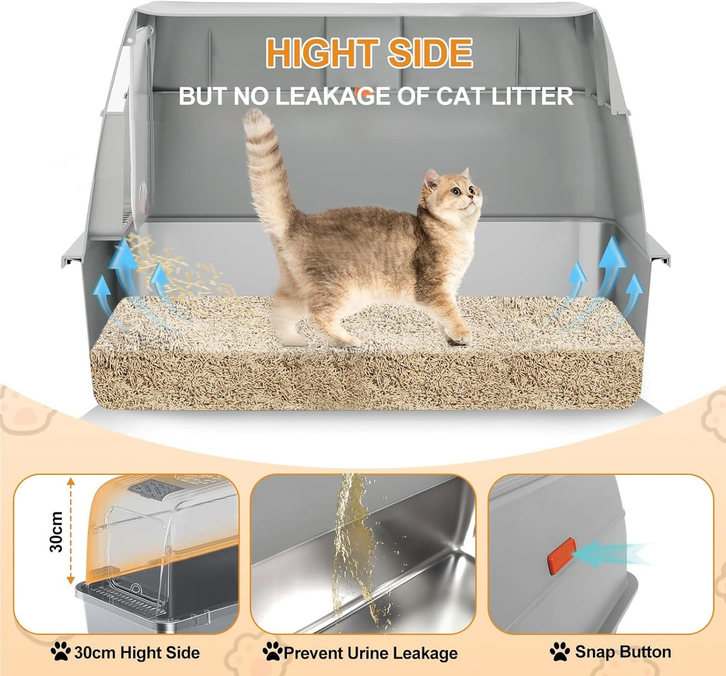 Enclosed Removable Stainless Steel Cat Litter Box with Lid