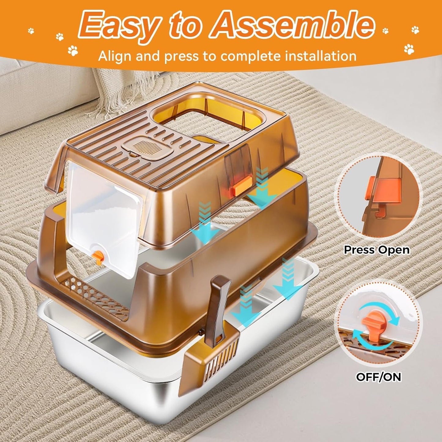 Extra Large Enclosed Removable Stainless Steel Cat Litter Box with Lid