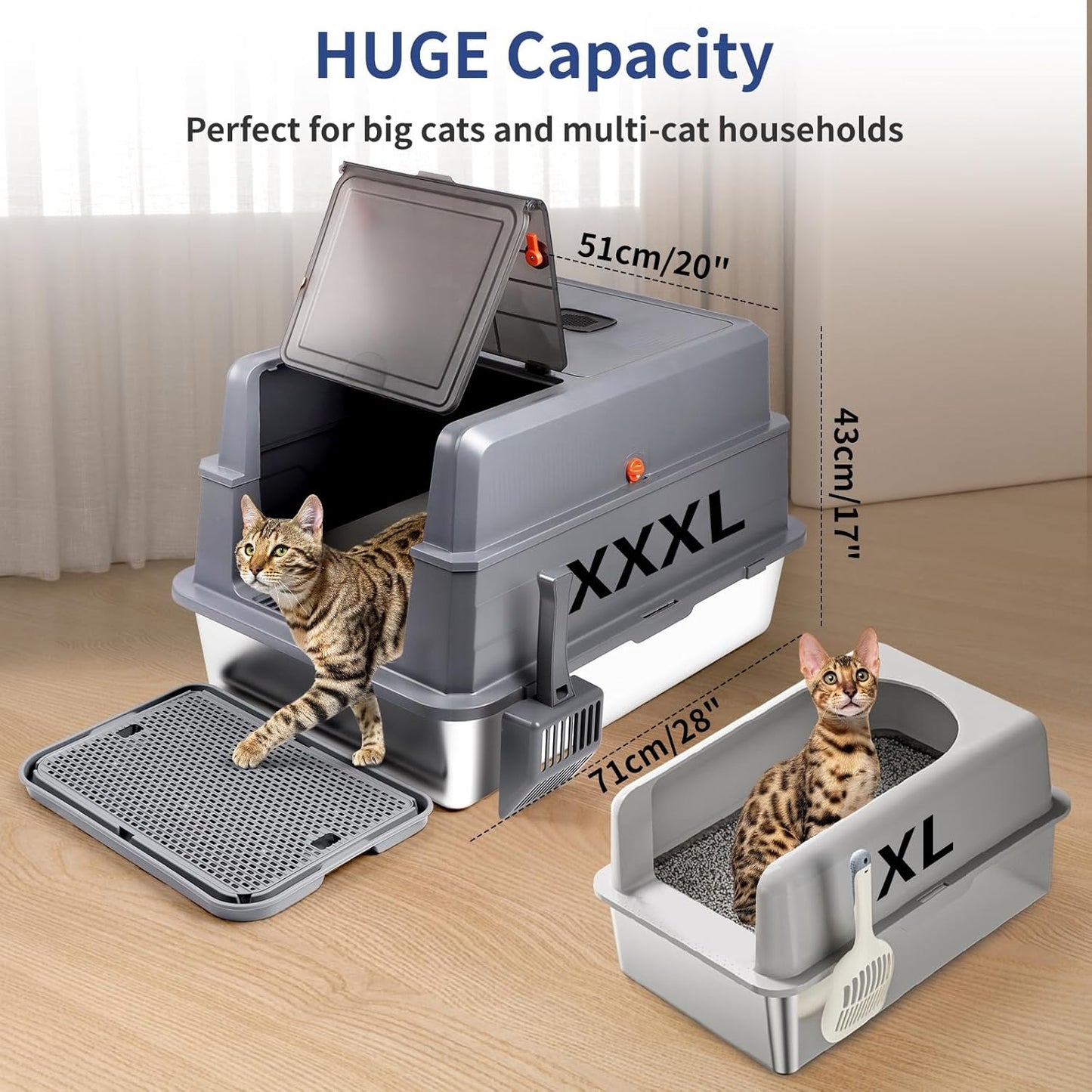 XXXL Extra Large Black Fully enclosed Stainless Steel Litter Box with Lid