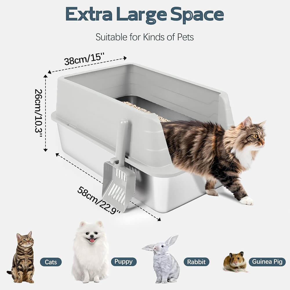 2 Pack XL Stainless Steel Cat Litter Box – High Sided, Light Grey | Bartuke