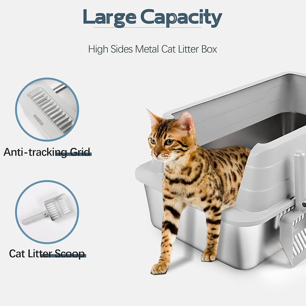 2 Pack XL Stainless Steel Cat Litter Box – High Sided, Light Grey | Bartuke
