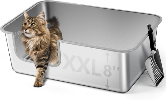 XXL Semi Enclosed Stainless Steel Cat Litter Box with High Sided Enclosure