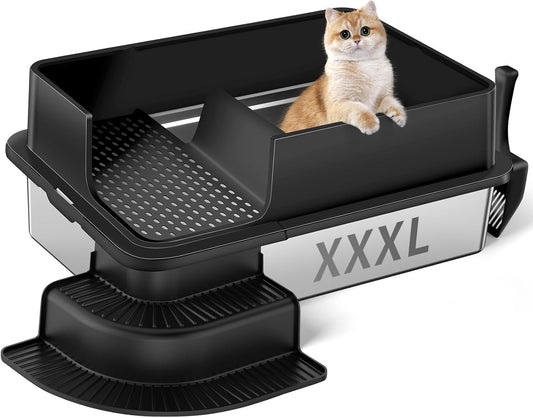 XXXL Black Semi Enclosed Stainless Steel Litter Box with Step