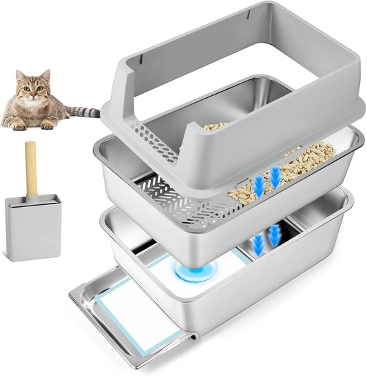 L Silver Grey Stainless Steel Drawer Type Semi-Enclosed Cat Litter Box