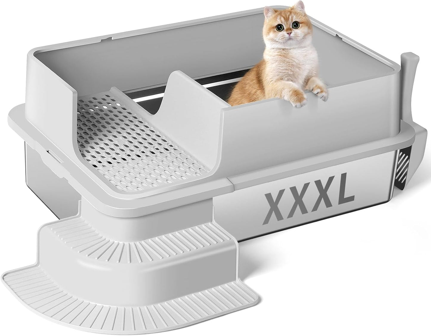 XXXL Light Gray Semi Enclosed Stainless Steel Litter Box with Step
