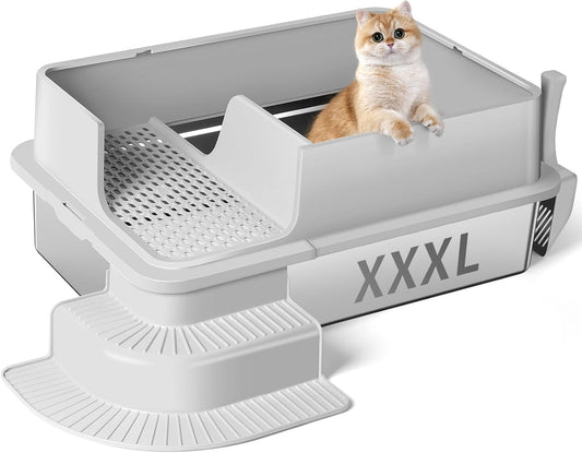 XXXL Light Gray Semi Enclosed Stainless Steel Litter Box with Step