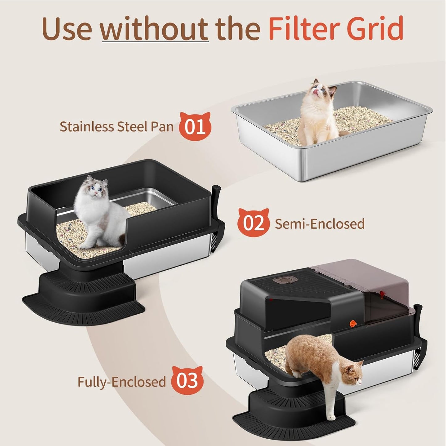 XXXL Black Fully Enclosed Stainless Steel Litter Box with Step